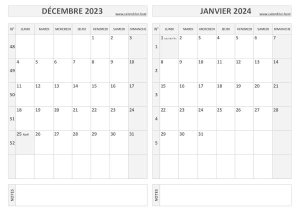 Calendrier décembre 2023 janvier 2024.