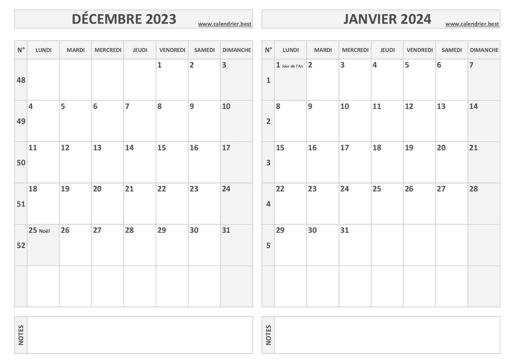 Calendrier décembre 2023 et janvier 2024 à imprimer 