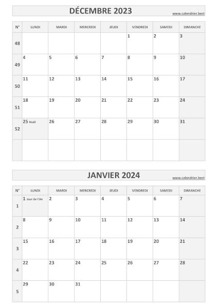 Calendrier des mois de décembre 2023 et janvier 2024 à imprimer sur une page au format portrait, template gris. Calendrier décembre 2023 janvier 2024, portrait, gris.
