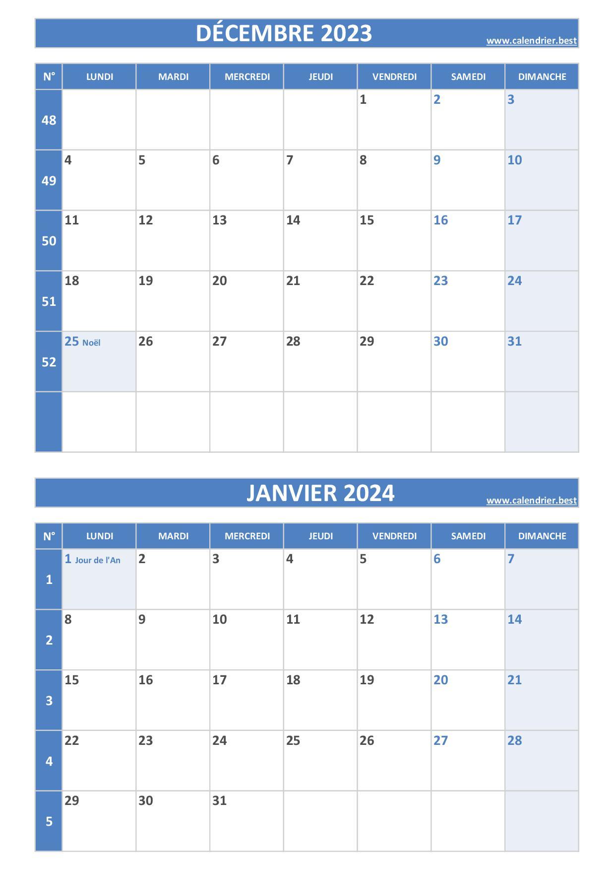 Calendrier décembre 2023 et janvier 2024 à imprimer 