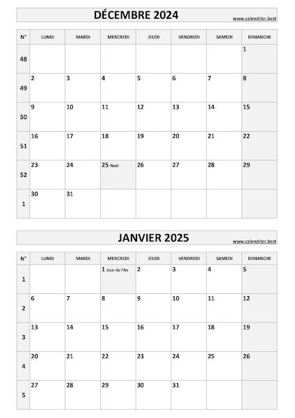 Calendrier des mois de décembre 2024 et janvier 2025 à imprimer sur une page au format portrait, template gris. Calendrier décembre 2024 janvier 2025, portrait, gris.