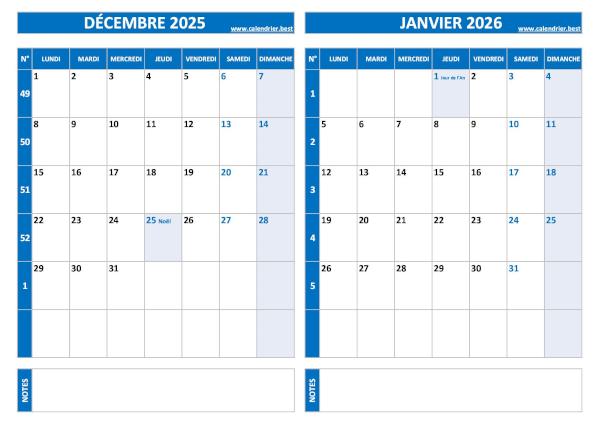 Calendrier de décembre 2025 et janvier 2026 à imprimer sur une page au format paysage, template bleu. Calendrier décembre 2025 janvier 2026.