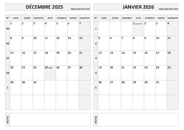 Calendrier de décembre 2025 et janvier 2026 à imprimer sur une page au format paysage, template gris. Calendrier décembre 2025 janvier 2026.