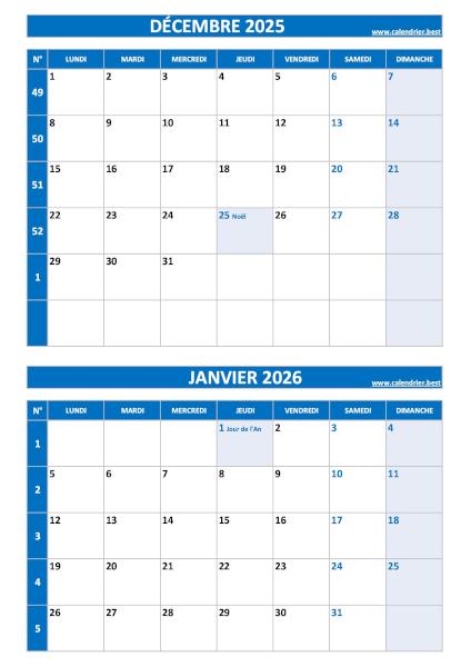 Calendrier des mois de décembre 2025 et janvier 2026 à imprimer ssur une page au format portrait, template bleu. Calendrier décembre 2025 janvier 2026, portrait, bleu.