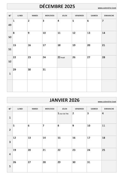 Calendrier des mois de décembre 2025 et janvier 2026 à imprimer sur une page au format portrait, template gris. Calendrier décembre 2025 janvier 2026, portrait, gris.