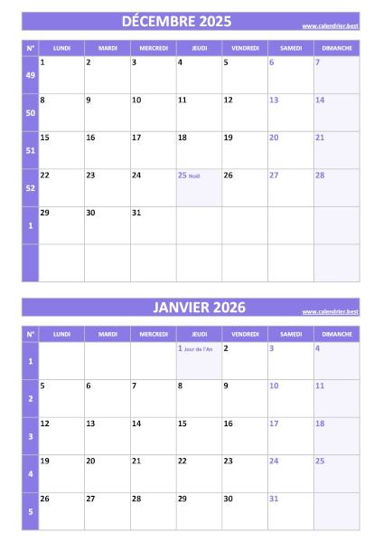 Calendrier des mois de décembre 2025 et janvier 2026 à imprimer sur une page au format portrait, template violet. Calendrier décembre 2025 janvier 2026, portrait, violet.