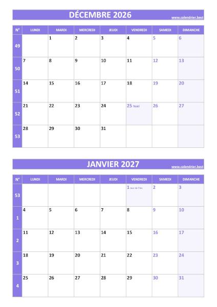 Calendrier des mois de décembre 2026 et janvier 2027 à imprimer sur une page au format portrait, template violet. Calendrier décembre 2026 janvier 2027, portrait, violet.