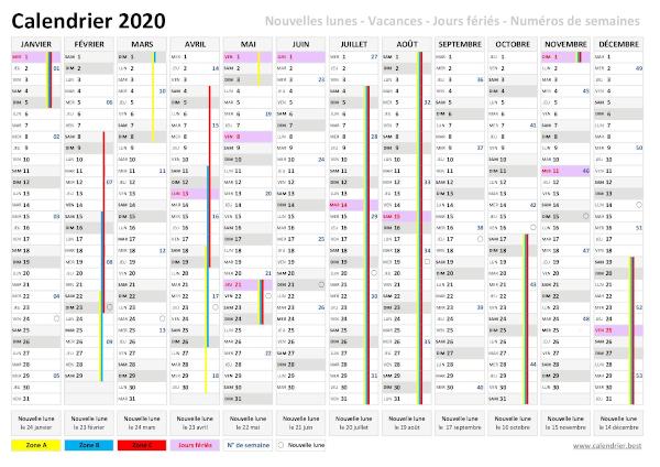 Calendrier 2020 avec nouvelle lune.