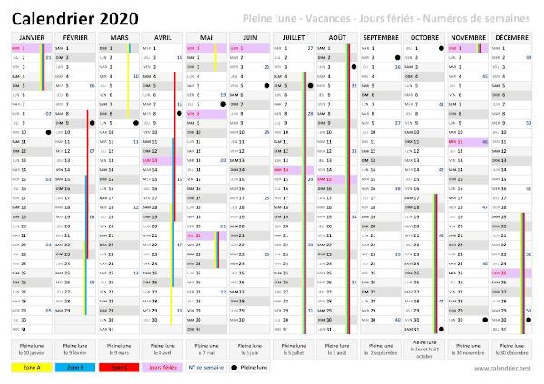 Calendrier 2020 avec les dates des pleines lunes.