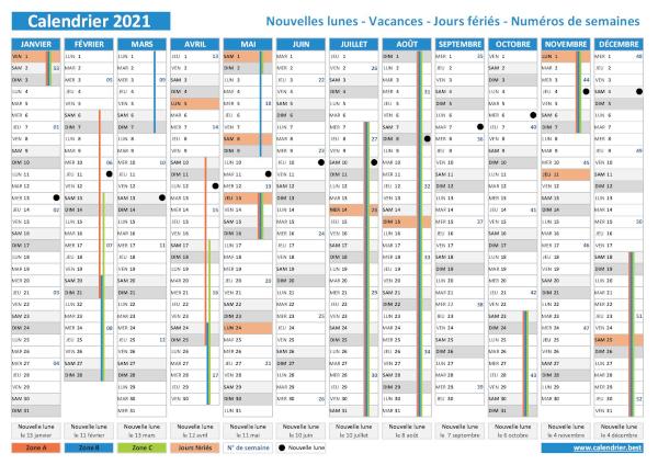 Calendrier 2021 avec les dates des nouvelles lunes.