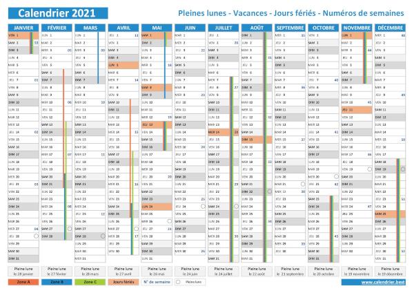 Calendrier 2021 avec les dates des pleines lunes.