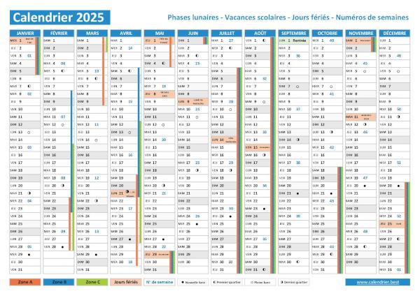 Imprimer notre calendrier lunaire pour l'année 2025 et consulter mois par mois les dates des principales phases de la lune. Calendrier lunaire 2025.