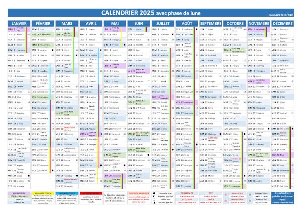 Calendrier 2025 avec phases de lune (pleine lune, nouvelle lune, premier et dernier quartier) à télécharger gratuitement et à imprimer au format PDF ou JPG. Calendrier 2025 avec phases lunaires à télécharger et imprimer en PDF