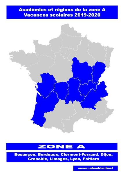 Carte des académies de la zone scolaire A.