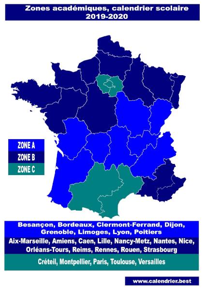 Vacances scolaires 2022-2023 : carte des zones A, B et C par académie à imprimer