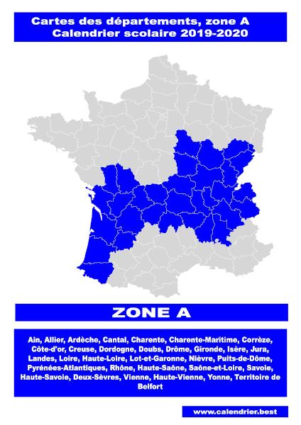 Carte des départements de la zone scolaire A.