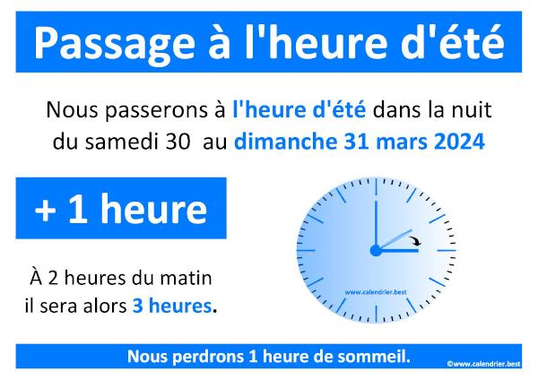 Infographie du passage à l'heure d'été le 31 mars 2024 à 2H00. Passage à l'heure d'été 2024 le 31 mars