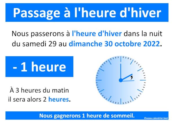 Passage à l'heure d'hiver 2022 le 30 octobre