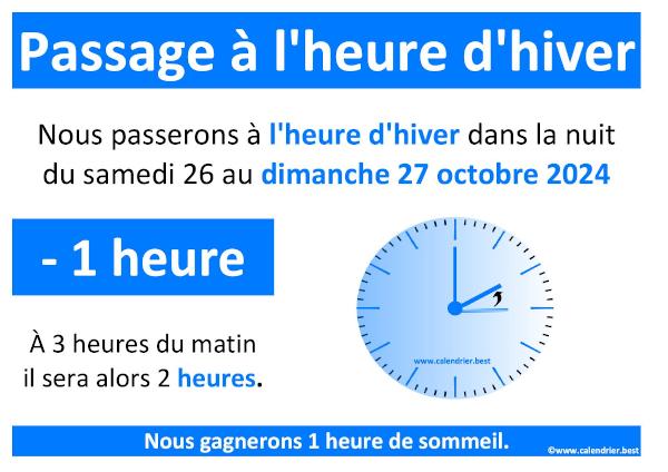 Passage à l'heure d'hiver 2024 le 27 octobre