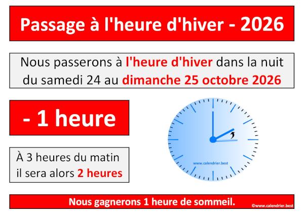 Passage à l'heure d'hiver 2026 le 25 octobre