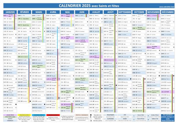 Calendrier 2025 complet à imprimer avec les fêtes et les saints du jour, format A4 paysage, format annuel, 1 page Calendrier 2025 avec fêtes et Saints du jour, vacances scolaires, jours fériés, numéros de semaines, phases de lune et dates des soldes et des saisons
