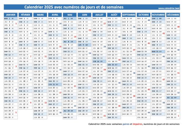 Calendrier 2025 à imprimer avec les numéros de jours et de semaines ISO - format PDF ou JPG Calendrier 2025 avec numéros de jours et de semaines ISO à imprimer