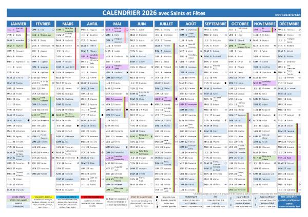 Calendrier 2026 avec fêtes et Saints du jour, vacances scolaires, jours fériés, numéros de semaines, phases de lune et dates des soldes et des saisons
