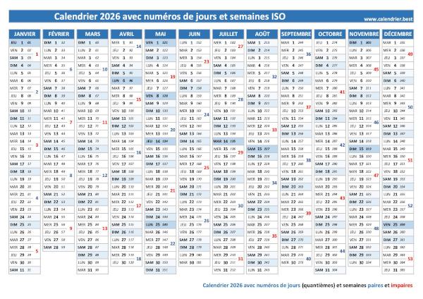 Calendrier 2026 avec numéros de jours et de semaines ISO à imprimer