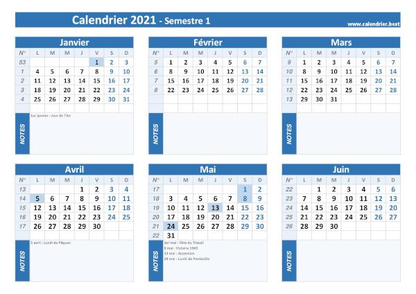 Calendrier semestriel avec jours fériés à imprimer, année 2021, semestre 1, thème bleu calendrier 2021 avec jours fériés, 1er semestre