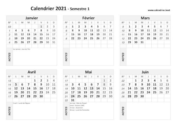 Calendrier semestriel avec jours fériés à imprimer, année 2021, semestre 1, thème gris calendrier 2021 avec jours fériés, 1er semestre