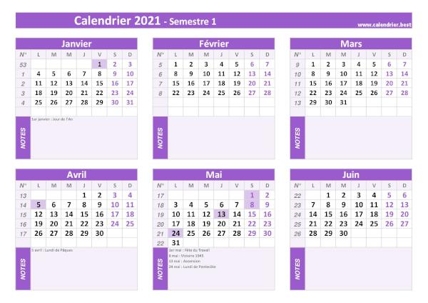Calendrier semestriel avec jours fériés à imprimer, année 2021, semestre 1, thème violet calendrier 2021 avec jours fériés, 1er semestre