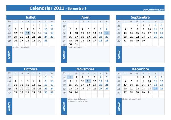 Calendrier semestriel avec jours fériés à imprimer, année 2021, semestre 2, thème bleu calendrier 2021 avec jours fériés, 2nd semestre