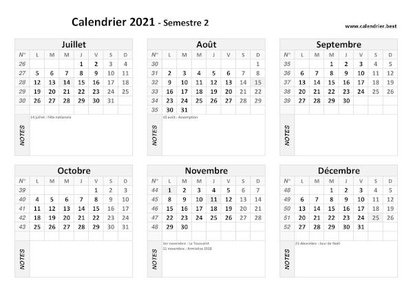 calendrier 2021 avec jours fériés, 2nd semestre