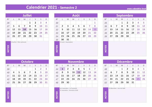 Calendrier semestriel avec jours fériés à imprimer, année 2021, semestre 2, thème violet calendrier 2021 avec jours fériés, 2nd semestre