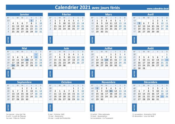 Calendrier 2021 avec jours fériés à imprimer