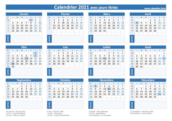 Calendrier 2021 avec les dates et les noms des 11 jours fériés légaux en France. Modèle annuel, thème bleu. Calendrier 2021 avec jours fériés