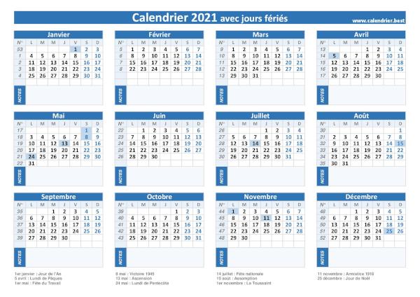 Calendrier 2021 avec jours fériés