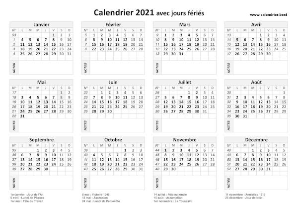Calendrier 2021 avec les dates et les noms des 11 jours fériés légaux en France. Modèle avec espace notes, thème gris. Calendrier 2021 avec jours fériés à imprimer