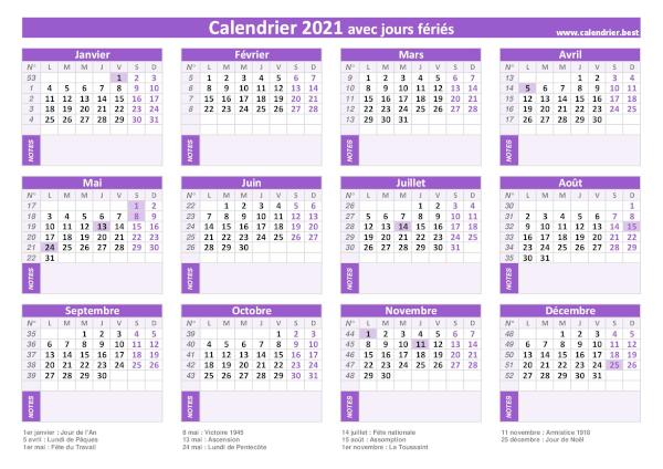 Calendrier 2021 avec jours fériés à imprimer