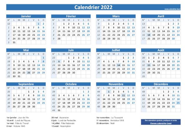Calendrier 2022 avec jours fériés à imprimer