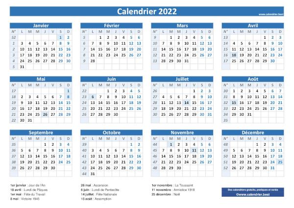 Calendrier 2022 avec jours fériés