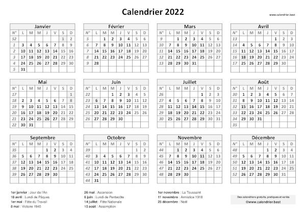 Calendrier 2022 avec jours fériés à imprimer