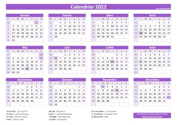 Calendrier 2022 avec jours fériés à imprimer