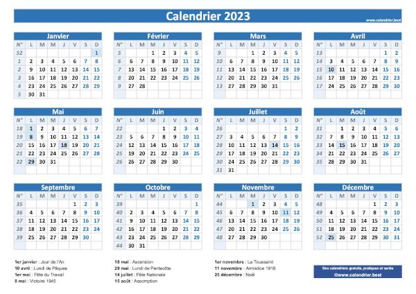 Calendrier 2023 avec jours fériés