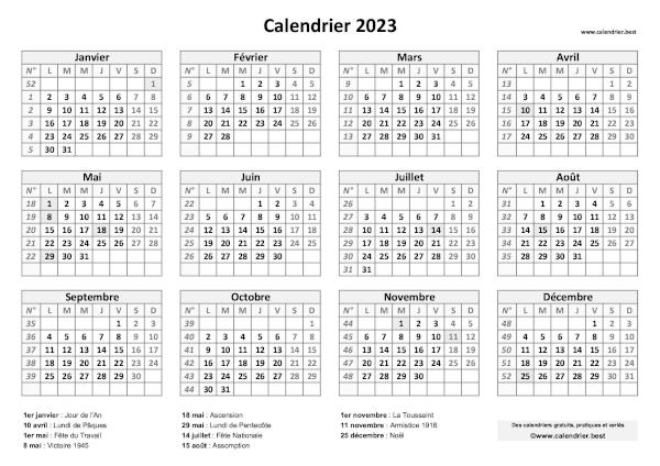 Calendrier 2023 avec jours fériés à imprimer