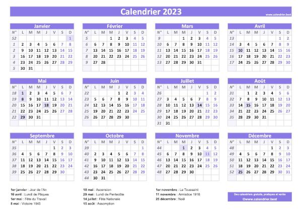 Calendrier 2023 avec jours fériés à imprimer