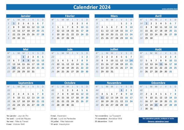 Calendrier 2024 à imprimer : jours fériés 2024 & vacances, tout ici