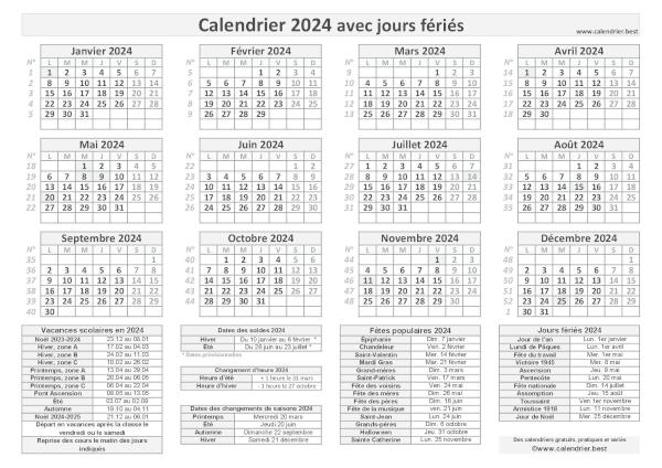 Calendrier 2024 avec jours fériés à imprimer, modèle avec fériés gris, format paysage