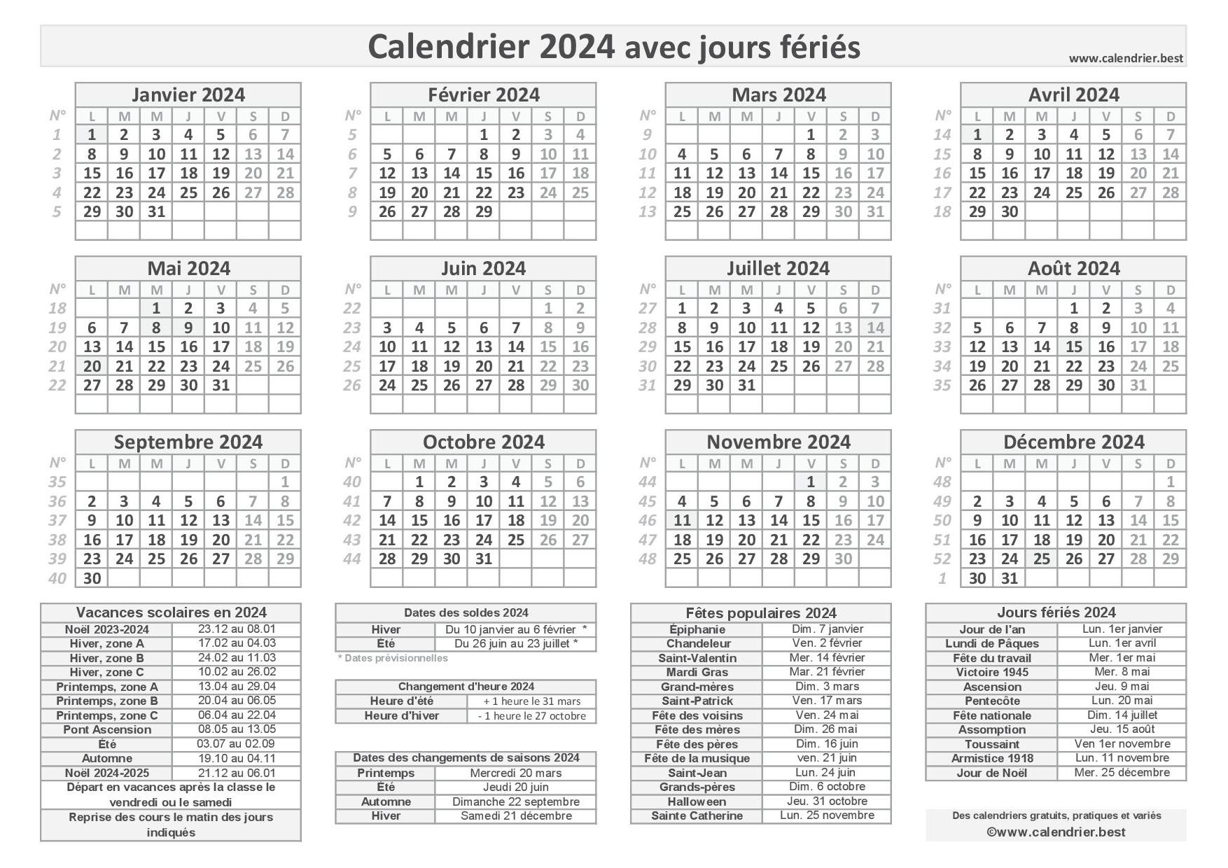 Calendrier 2024 : Vacances, Jours fériés, N° de semaine 