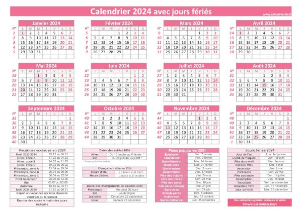 Calendrier 2024 avec jours fériés à imprimer, modèle avec fériés rose, format paysage